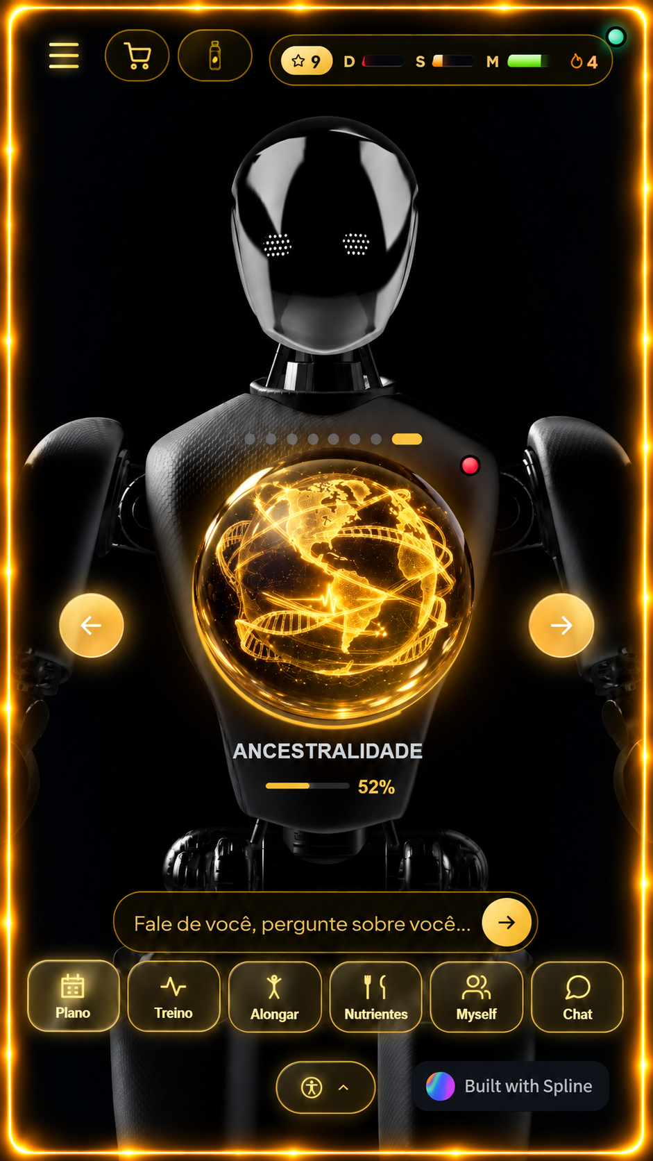 Interface Mobile do GENOMA mostrando a esfera Ancestralidade