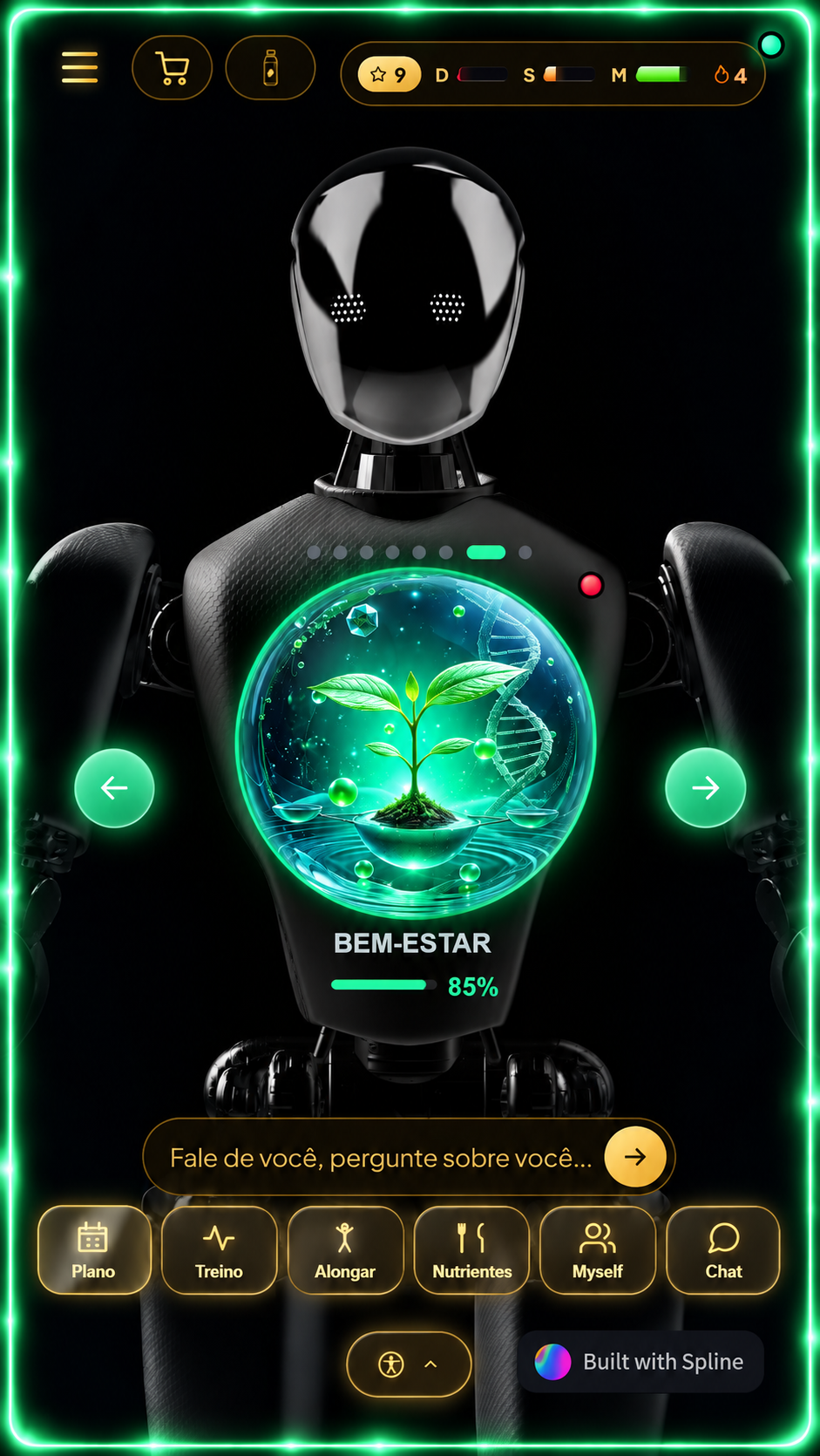 Interface Mobile do GENOMA mostrando a esfera Bem-estar