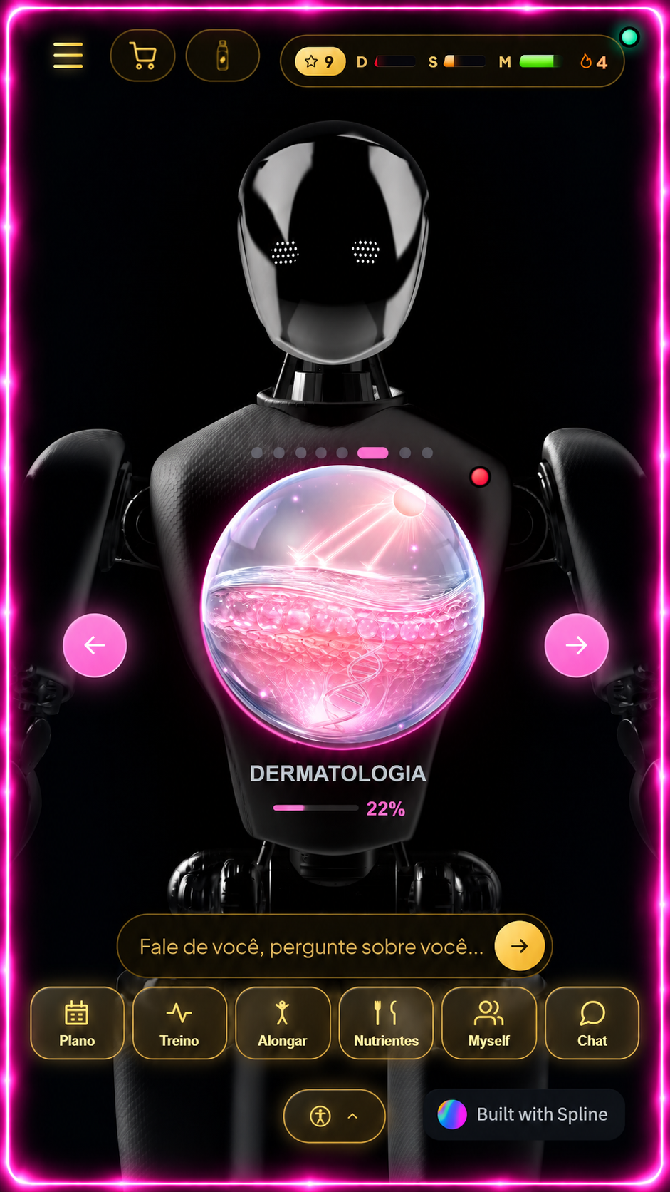 Interface Mobile do GENOMA mostrando a esfera Dermatologia