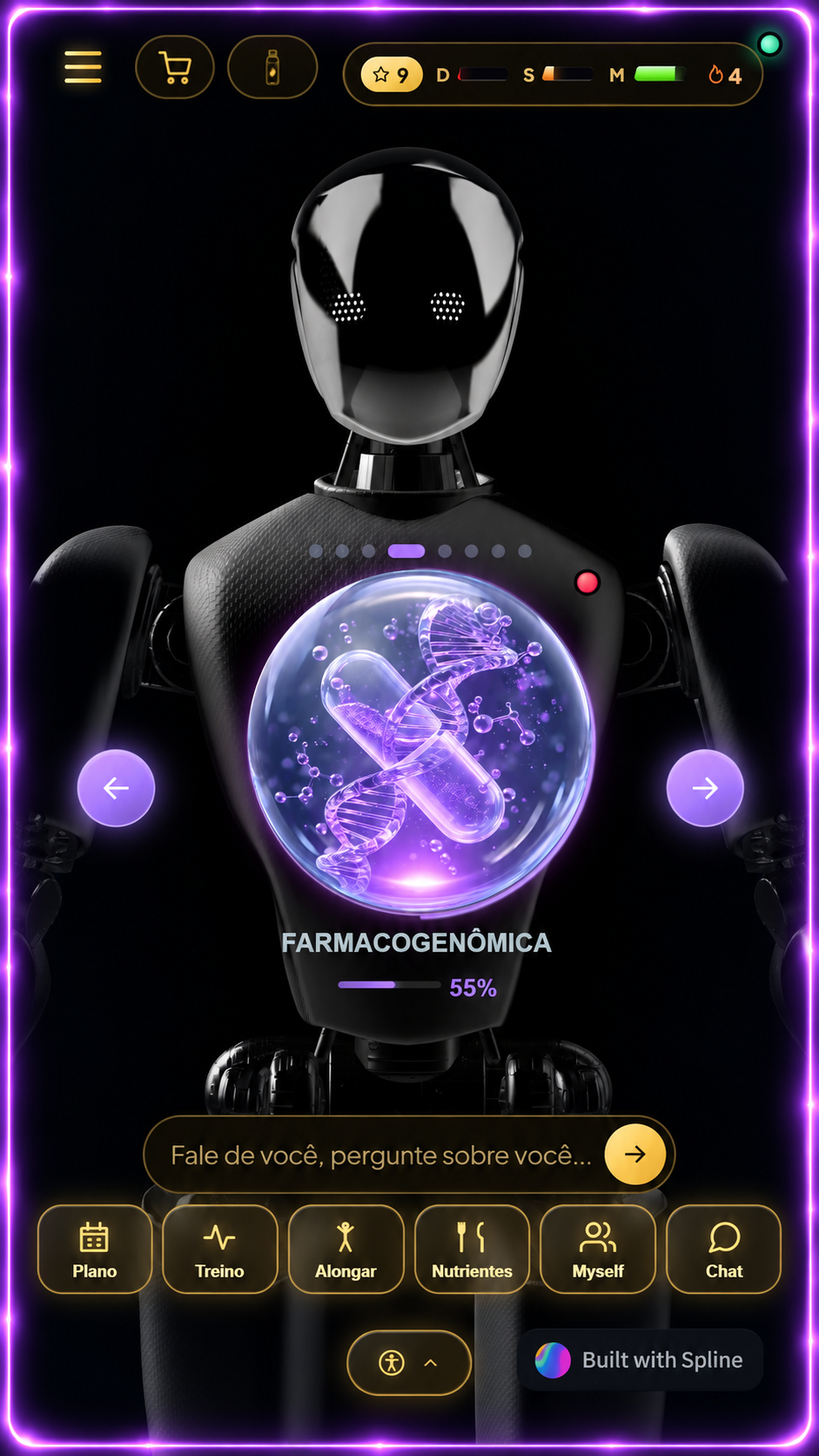 Interface Mobile do GENOMA mostrando a esfera Farmacogenômica